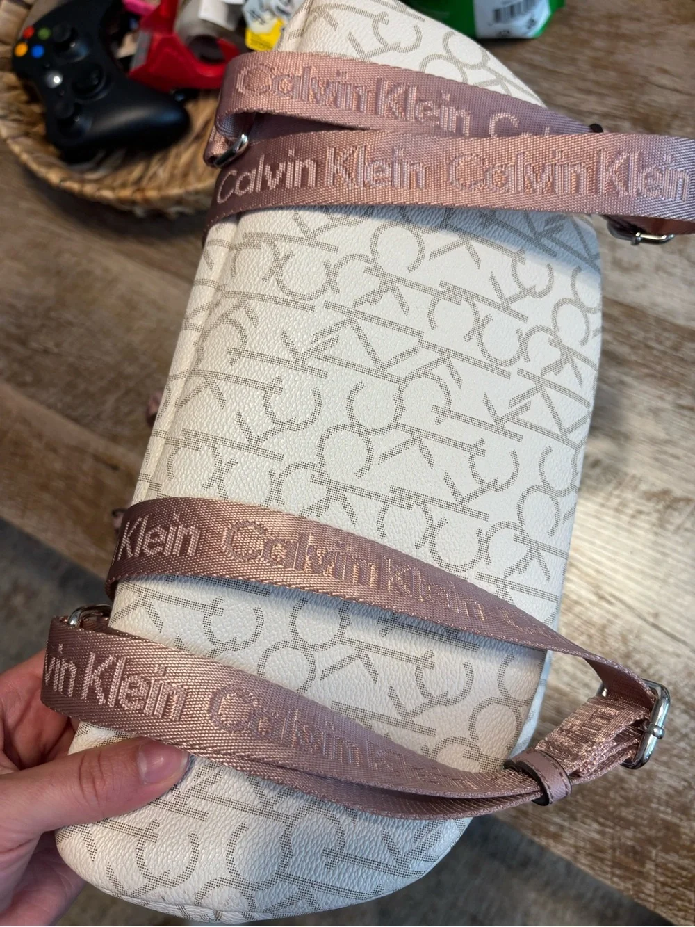Calvin Klein Cream Canvas Backpack with Pink Trim